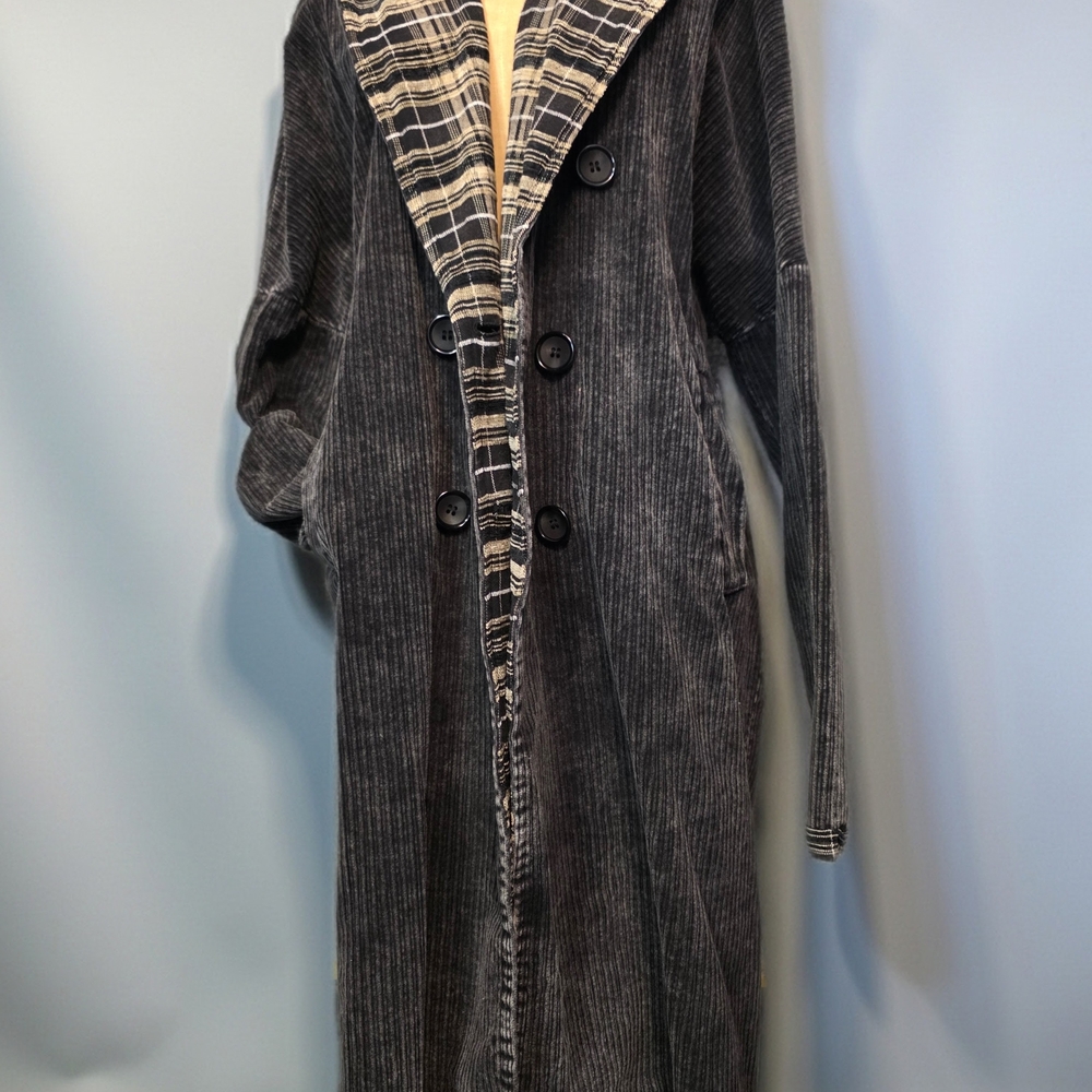 Oli & Hali Charcoal Pinstripe Trench Coat with Plaid Lapel